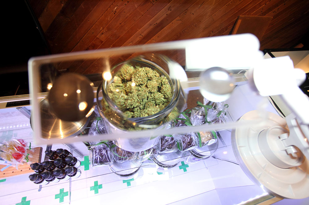 Marijuana viewed through a magnifying glass