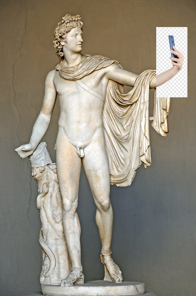 Perfeccionismo: imagem de "Apolo Belvedere", escultura de Giovanni Angelo Montorsoli, com um celular na não